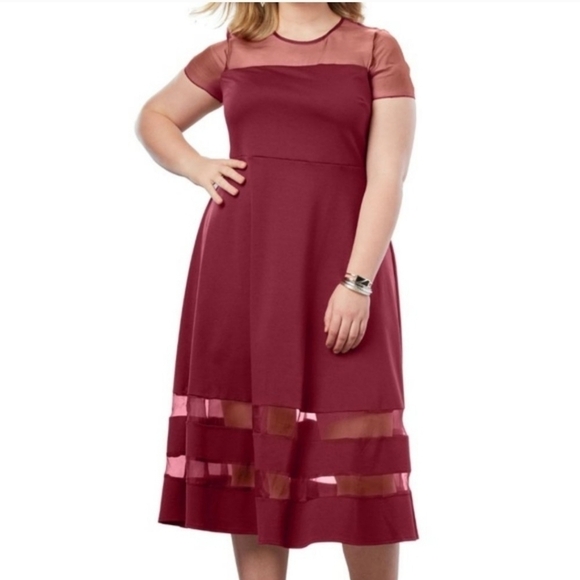 Roaman's Brick Red Short Sleeve Dress with Sheer Gauze Accents NWT - Picture 1 of 12